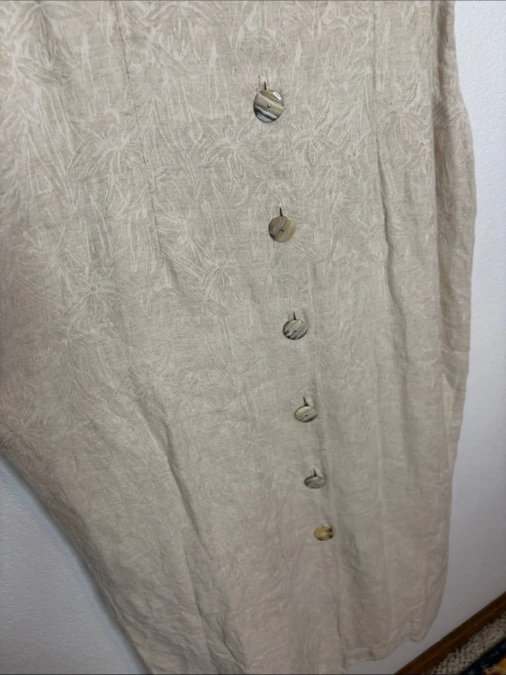 Vintage NY Sake Tan Botanical Print Cotton Linen Button Down Midi Dress Size 14